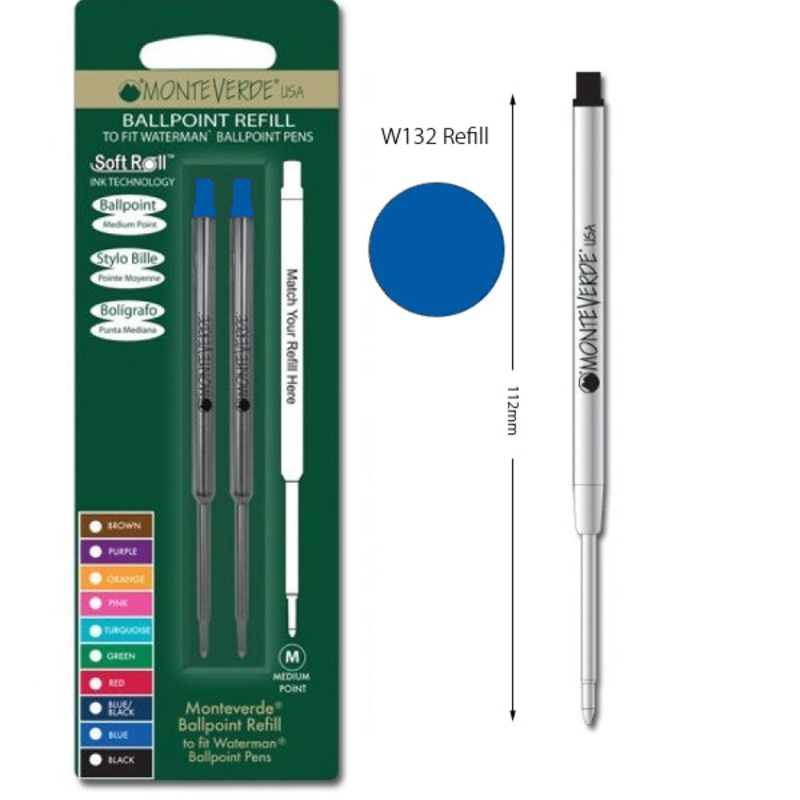 Monteverde W132 Waterman Blue Soft Roll Medium Ballpoint Refill, Pk2