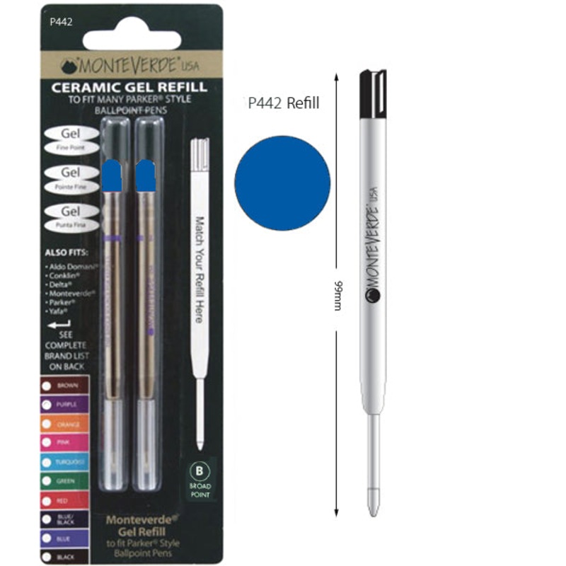 Monteverde P442 Parker Blue Gel Broad Ballpoint Refill, Pk2