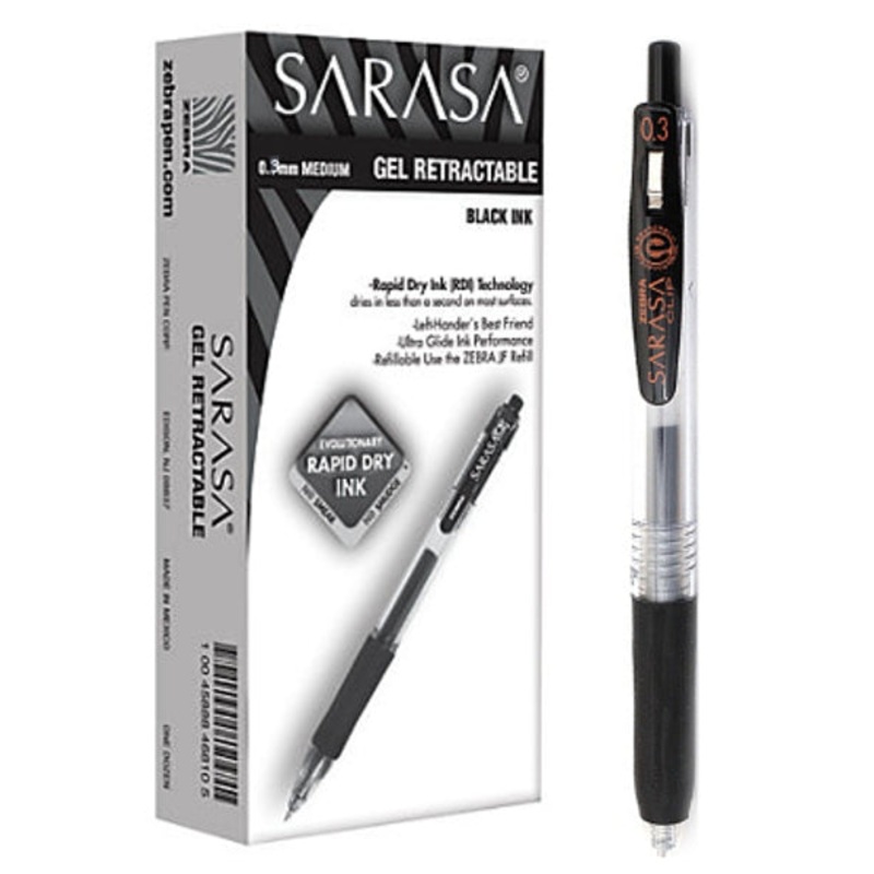 Zebra Sarasa Clip Gel 0.3mm Black Rollerball Pen (Box of 10)