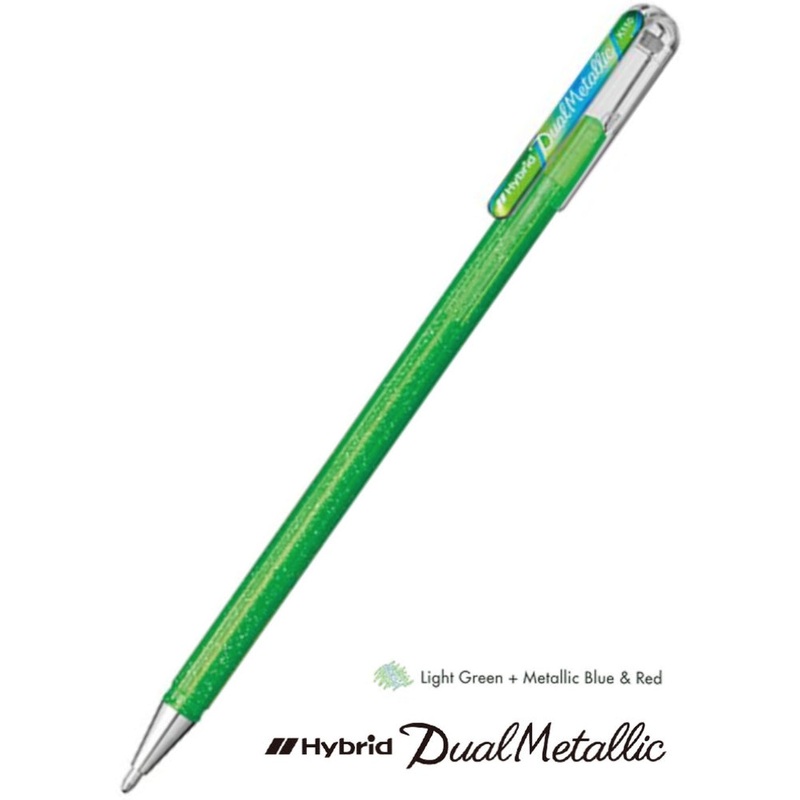 Pentel Hybrid Dual Metallic Gel Pen - Light Green and Metallic Blue & Red