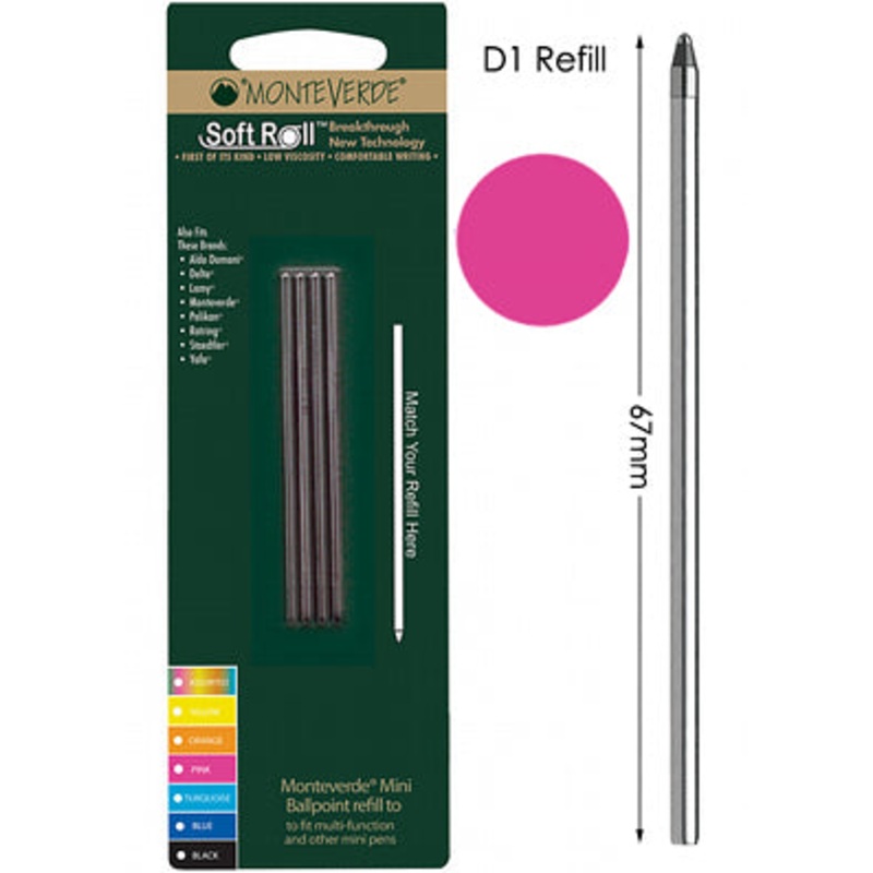Monteverde D132 Pink Mini Ballpoint Refill, Pk4