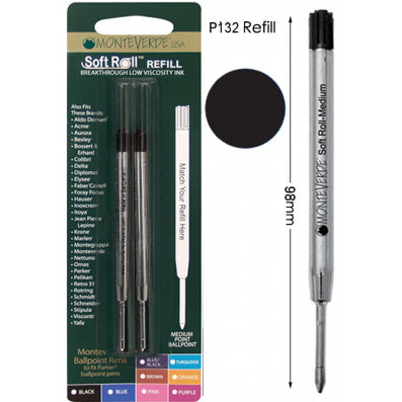 Monteverde P132 Black Soft Roll Medium Ballpoint Refill, Pk2