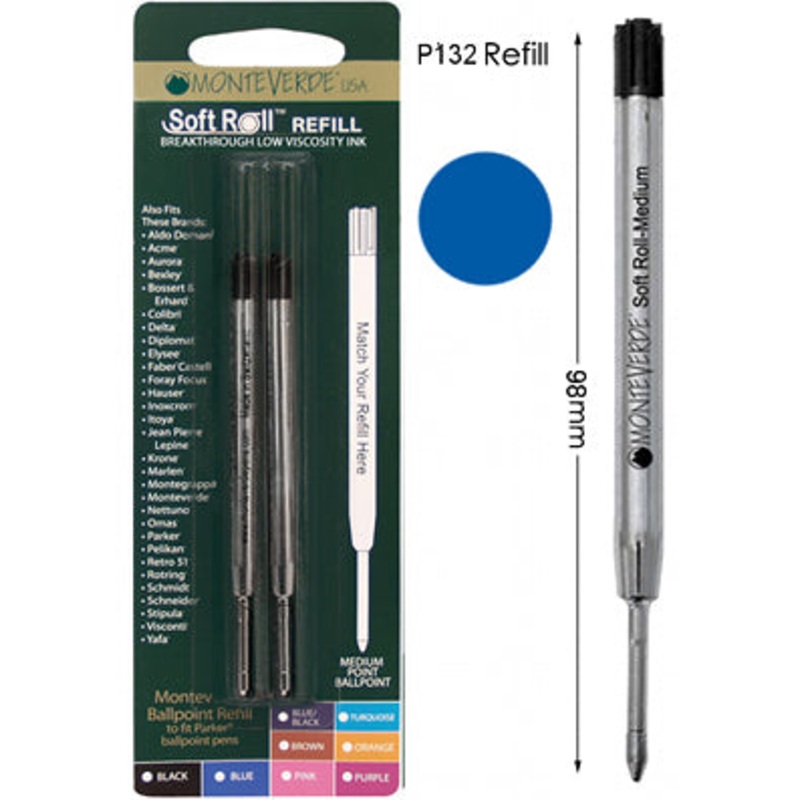 Monteverde P132 Blue Soft Roll Medium Ballpoint Refill, Pk2