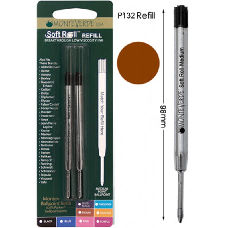 Monteverde P132 Brown Soft Roll Medium Ballpoint Refill, Pk2
