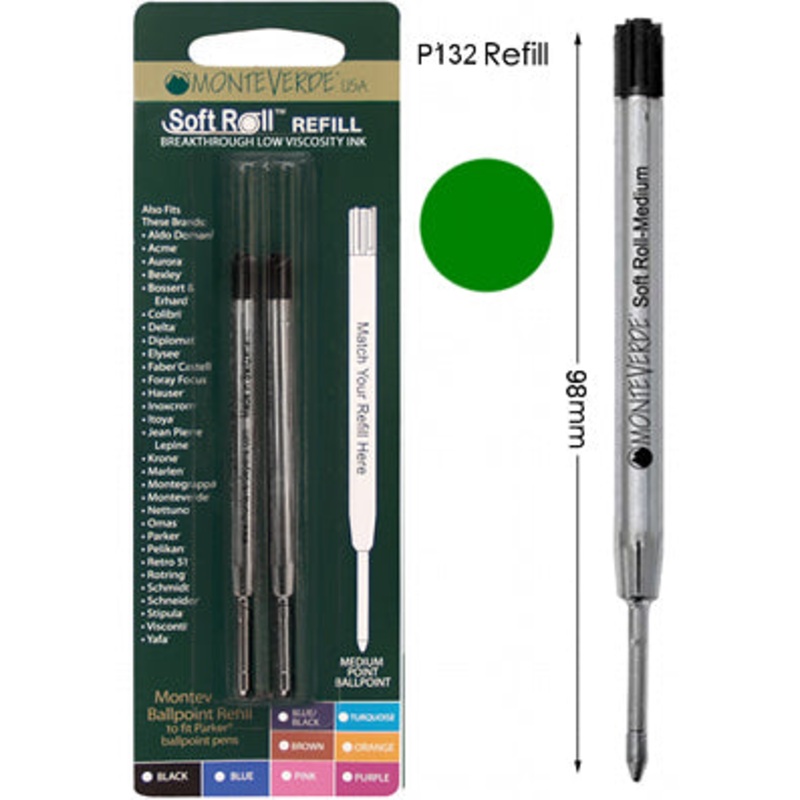 Monteverde P132 Green Soft Roll Medium Ballpoint Refill, Pk2