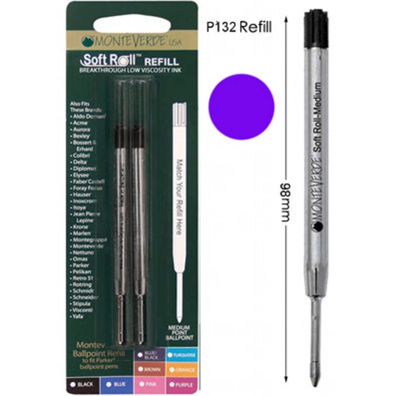 Monteverde P132 Purple Soft Roll Medium Ballpoint Refill, Pk2