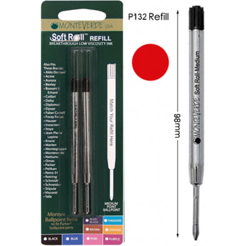 Monteverde P132 Red Soft Roll Medium Ballpoint Refill, Pk2