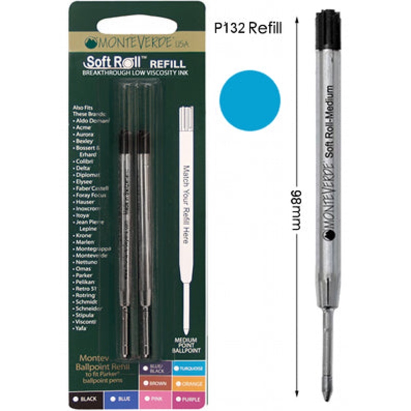 Monteverde P132 Turquoise Soft Roll Medium Ballpoint Refill, Pk2