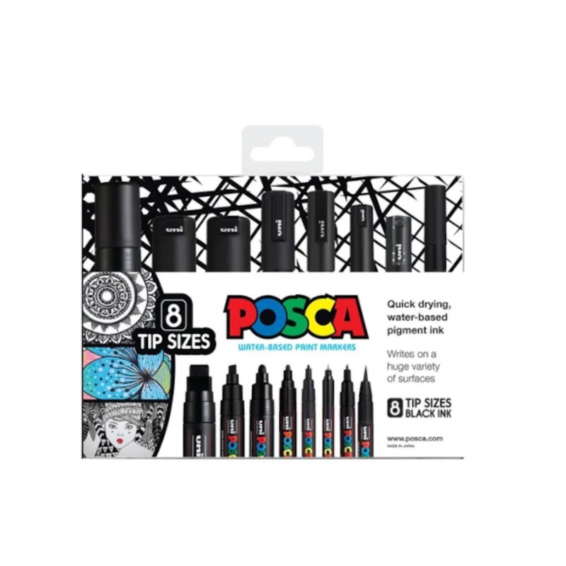POSCA Paint Markers Assorted Tip Sizes Black 8 Pack