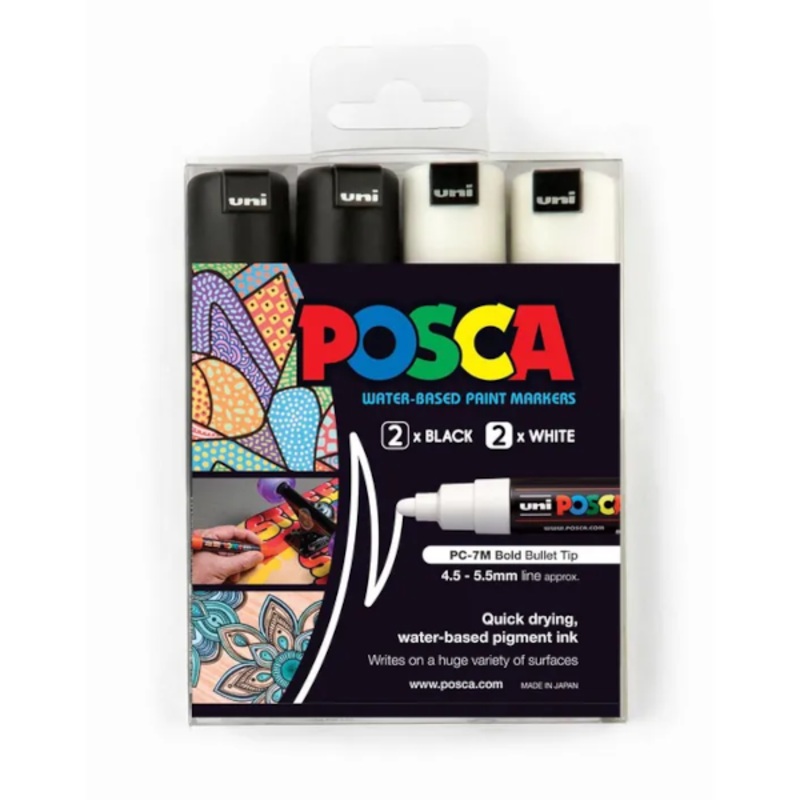POSCA PC 7M Paint Markers Black/White 4 Pack
