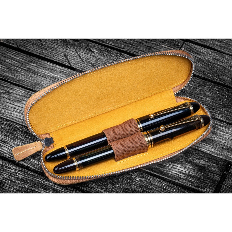 Galen Leather 2 Pen Duo Slim Zippered Pen Case - Crazy Horse Honey Orche