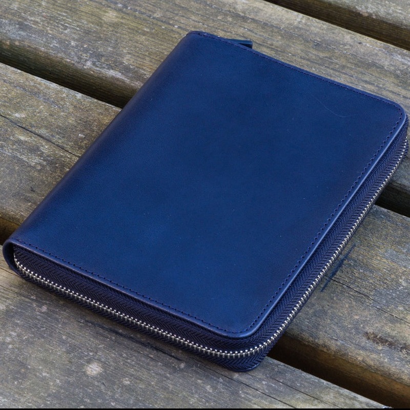 Galen Leather 5 Slot Zippered Pen Case - Navy Blue