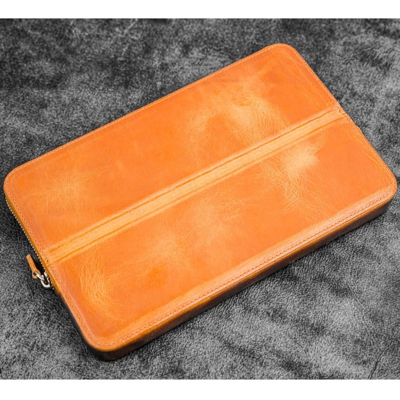 Galen Leather 12 Slot Zippered Magnum Opus Pen Case - Crazy Honey Ochre (with Removable Pen Tray)