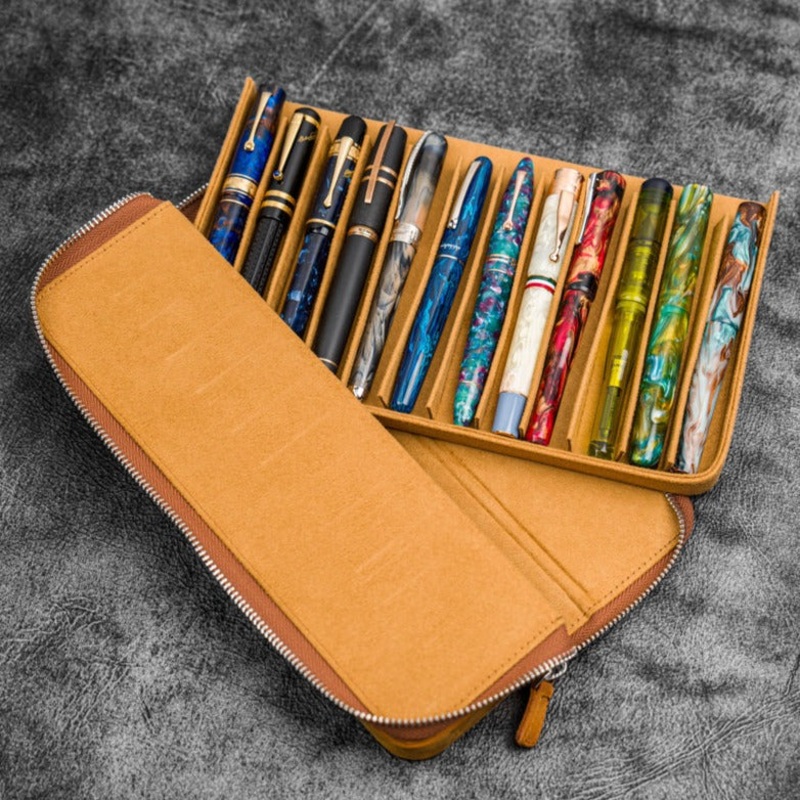 Galen Leather 12 Slot Zippered Magnum Opus Pen Case - Crazy Horse Brown (with Removable Pen Tray)