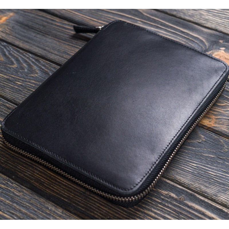 Galen Leather A5 Zippered Notebook Folio - Black