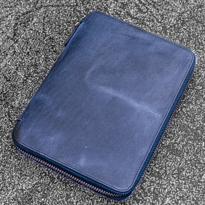 Galen Leather A5 Zippered Notebook Folio - Crazy Horse Navy Blue