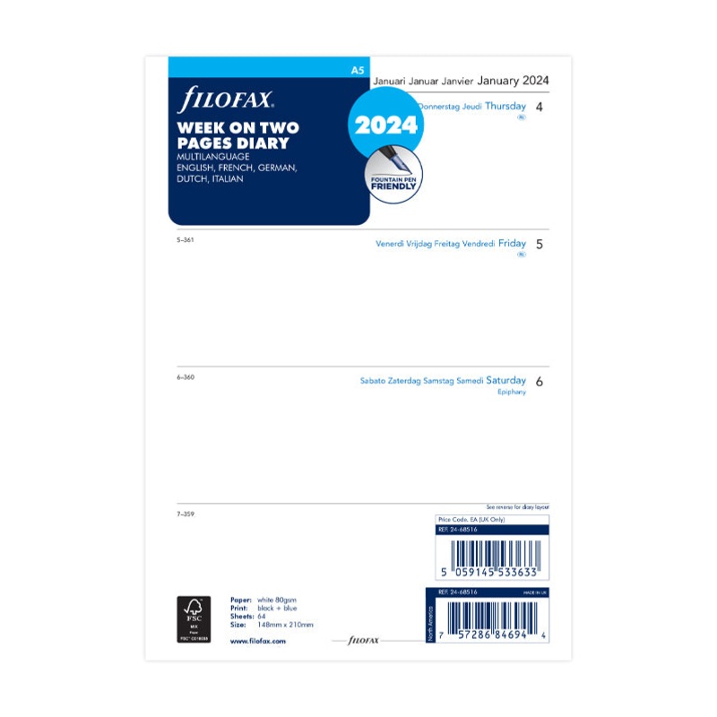Filofax 2024 A5 Week on Two Pages - Multilanguage
