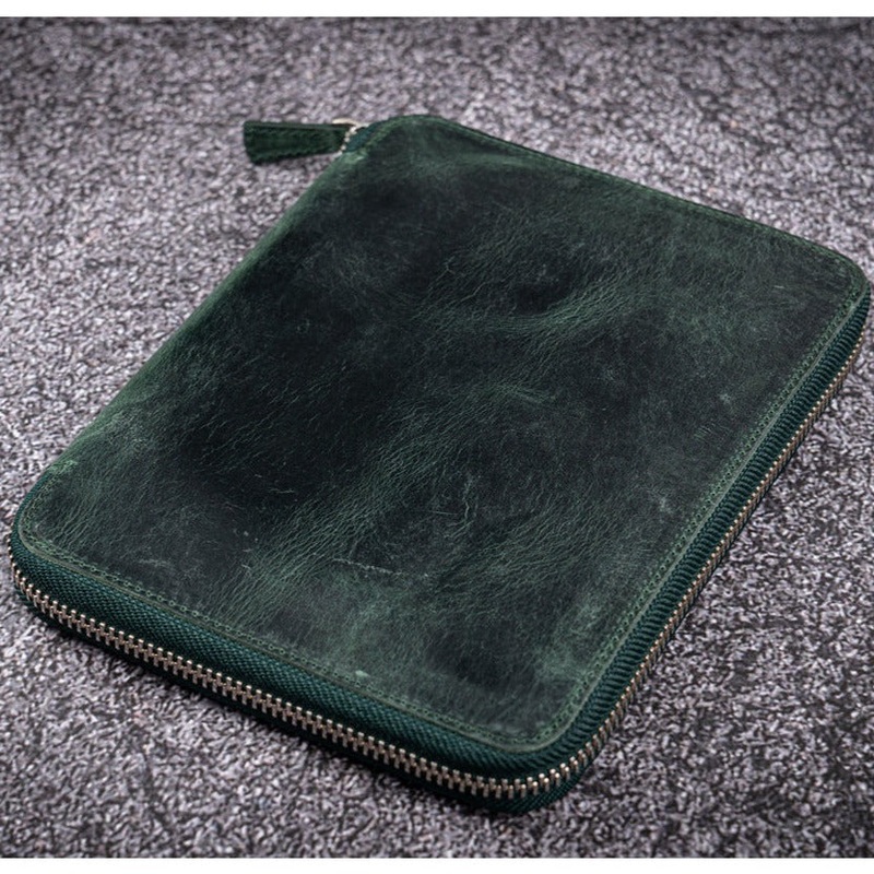 Galen Leather 10 Slot Zippered Pen Case with A5 Notebook Holder - Crazy Horse Forest Green