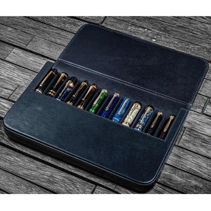 Galen Leather 12 Slot Magnum Opus Pen Case - Black (with Removable Pen Tray)