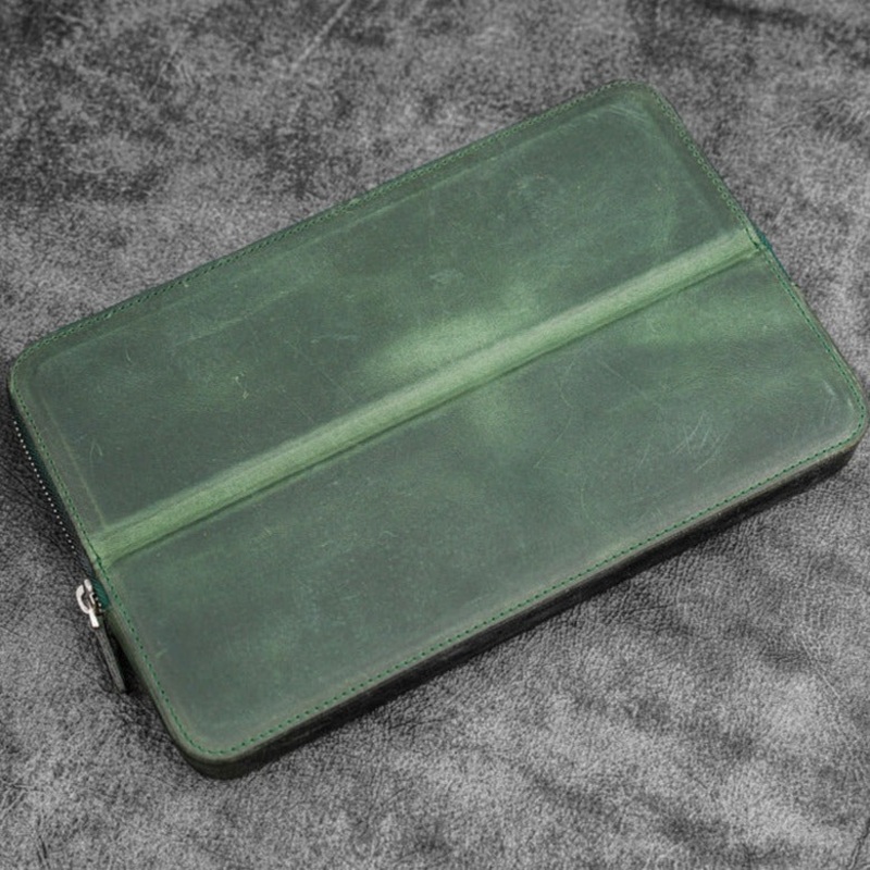 Galen Leather 12 Slot Zippered Magnum Opus Pen Case - Crazy Forest Green (with Removable Pen Tray)
