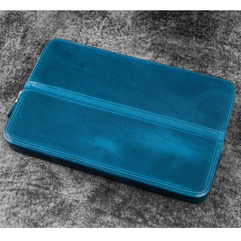 Galen Leather 12 Slot Zippered Magnum Opus Pen Case - Crazy Ocean Blue (with Removable Pen Tray)