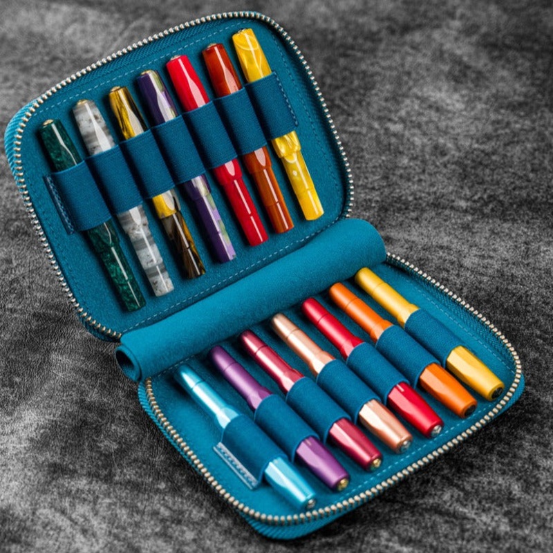 Galen Leather 14 Slot Collector Pen Case for Kaweco Pens - Crazy Horse Ocean Blue
