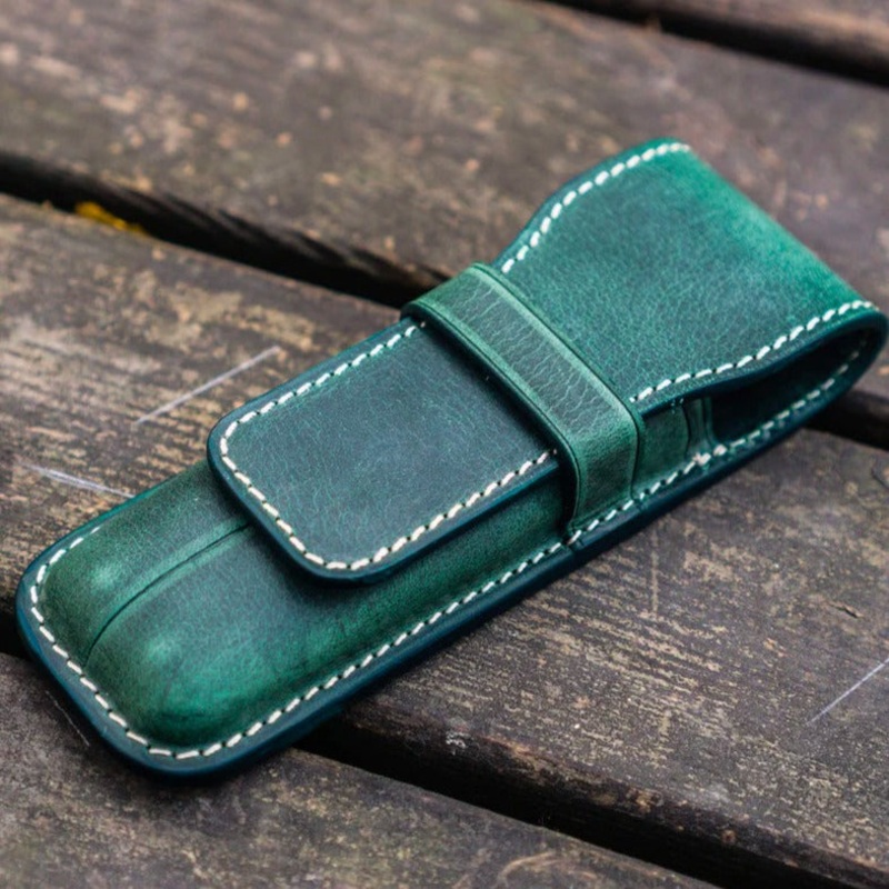 Galen Leather 2 Pen Flap Case - Crazy Horse Forest Green