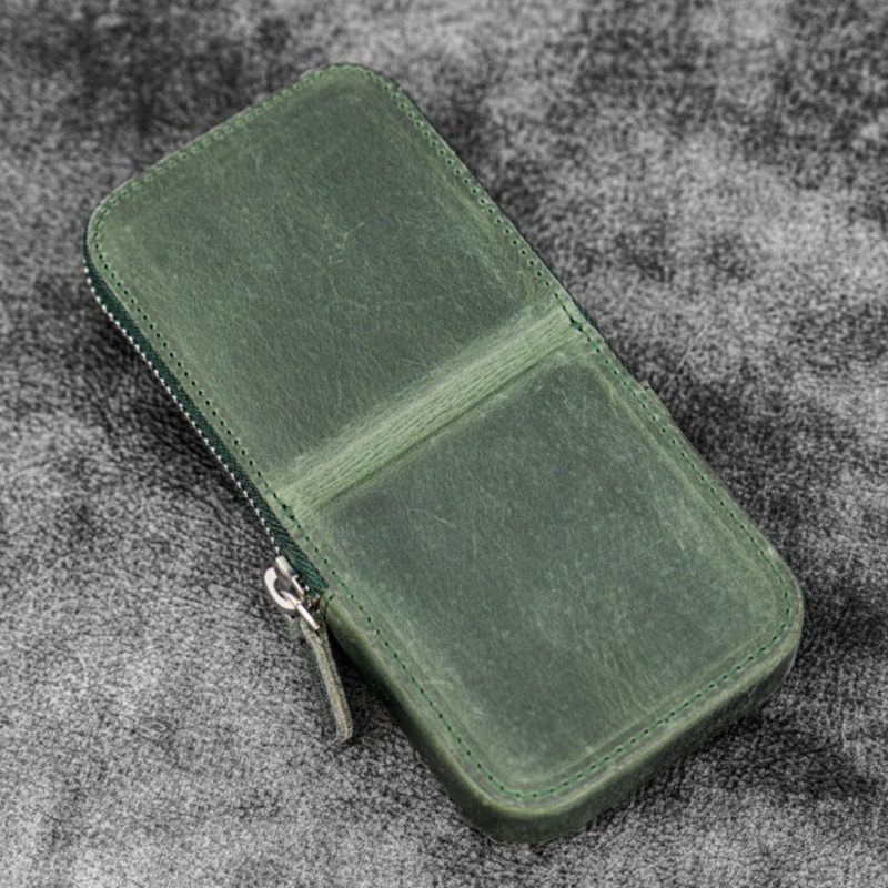 Galen Leather 3 Slot Zippered Magnum Opus Pen Case - Crazy Forest Green (with Removable Pen Tray)