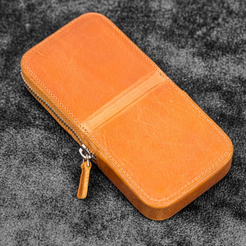 Galen Leather 3 Slot Zippered Magnum Opus Pen Case - Crazy Honey Ochre (with Removable Pen Tray)