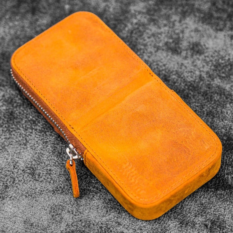 Galen Leather 3 Slot Zippered Magnum Opus Pen Case - Crazy Horse Brown (with Removable Pen Tray)