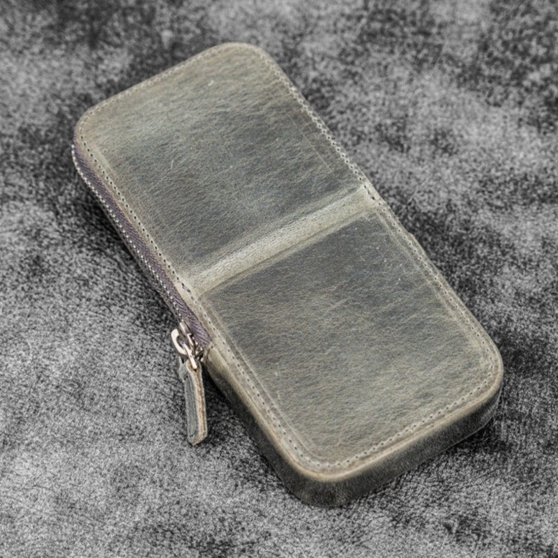 Galen Leather 3 Slot Zippered Magnum Opus Pen Case - Crazy Horse Smoky (with Removable Pen Tray)