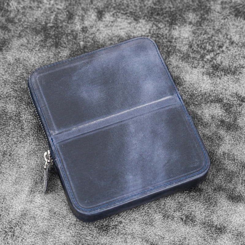 Galen Leather 6 Slot Zippered Magnum Opus Pen Case - Crazy Horse Navy Blue