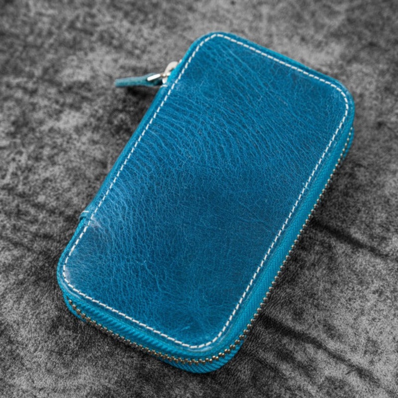 Galen Leather 6 Slot Zippered Pen Case - Crazy Horse Ocean Blue