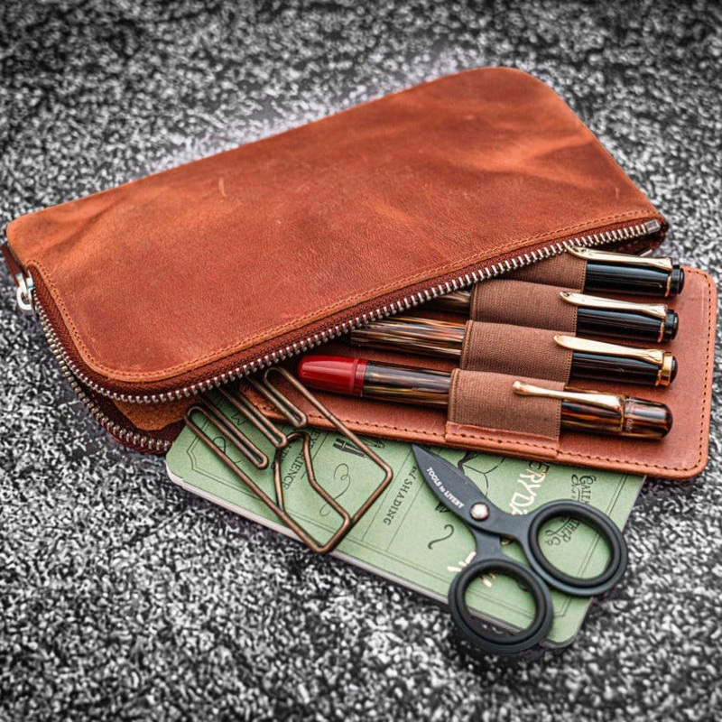 Galen Leather Slip-n-Zip 4 Slot Zippered Pen Pouch - Crazy Horse Tan