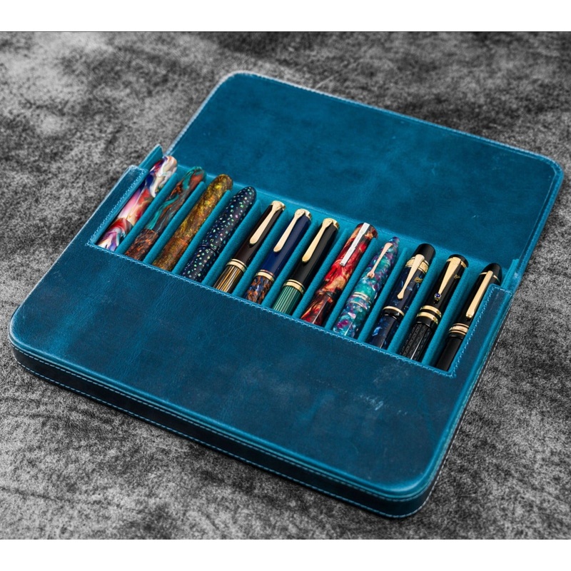 Galen Leather 12 Slot Magnum Opus Pen Case - Crazy Ocean Blue (with Removable Pen Tray)