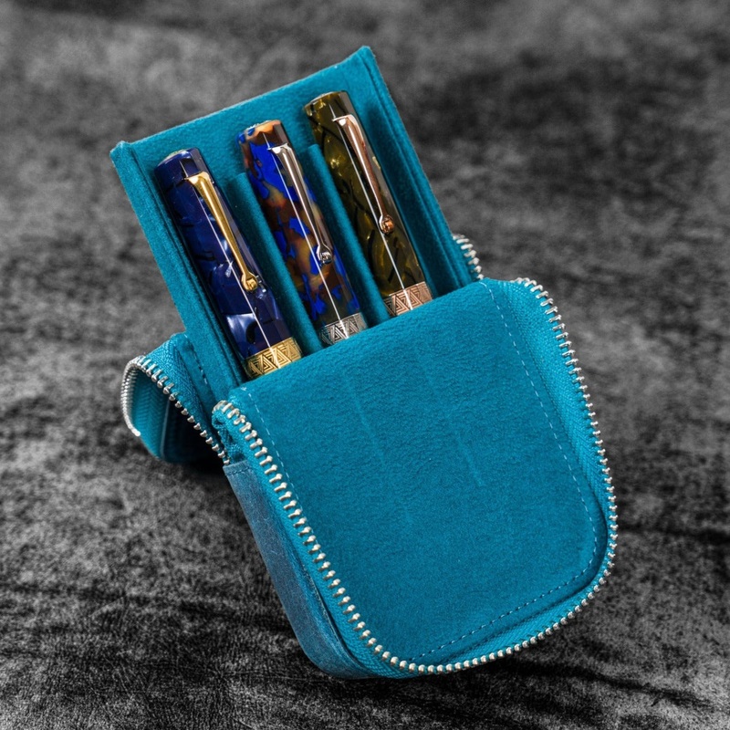 Galen Leather 3 Slot Zippered Magnum Opus Pen Case - Crazy Ocean Blue (with Removable Pen Tray)