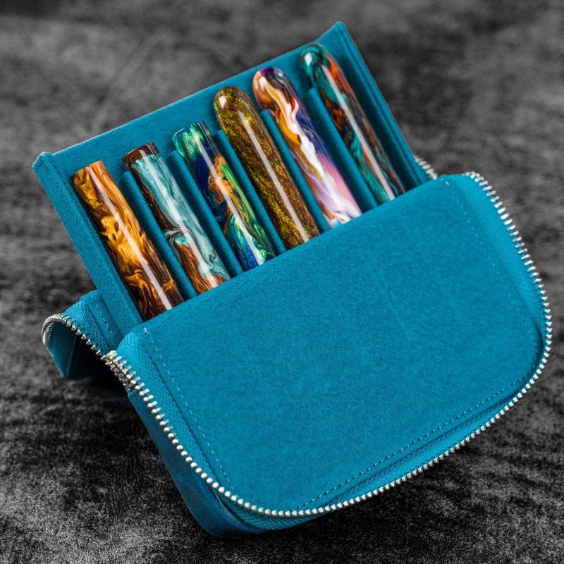 Galen Leather 6 Slot Zippered Magnum Opus Pen Case - Crazy Horse Ocean Blue