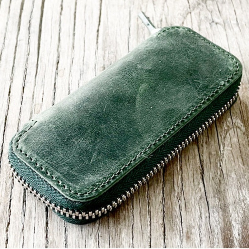 Galen Leather Double Zippered Pen Case for Kaweco Pocket Pen - Crazy Horse Forest Green