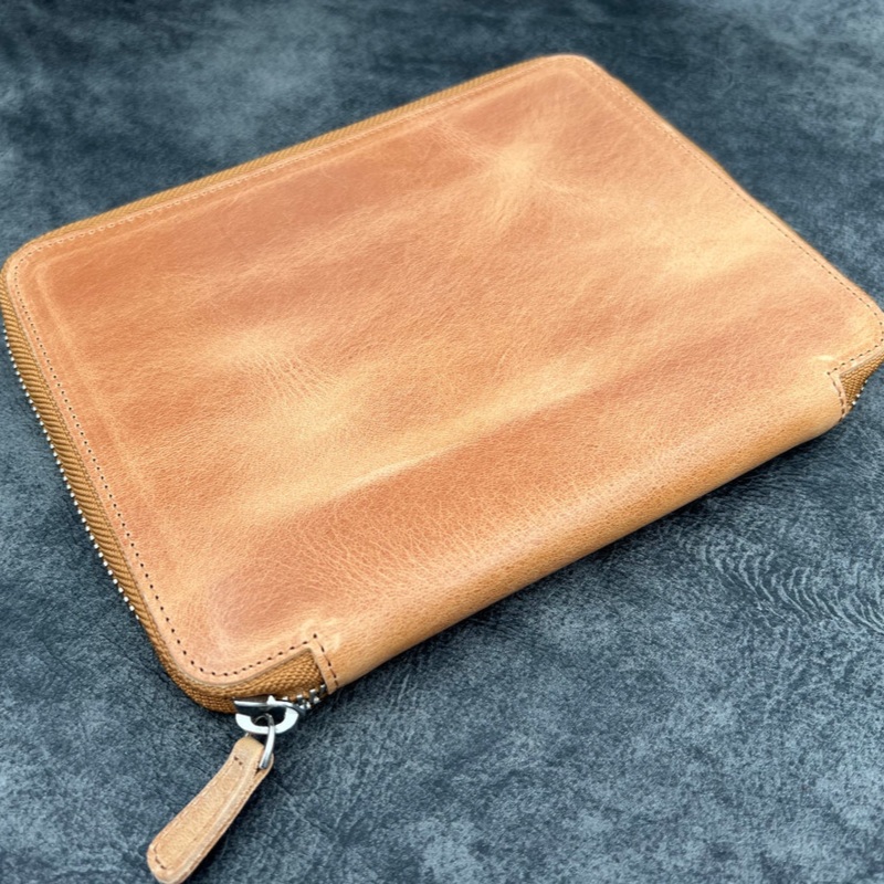 Galen Leather 10 Slots Zippered Pen Case with A5 Notebook Holder - Crazy Horse Honey Ochre