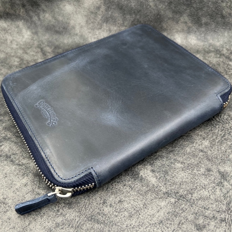 Galen Leather 10 Slots Zippered Pen Case with A5 Notebook Holder - Crazy Horse Navy Blue