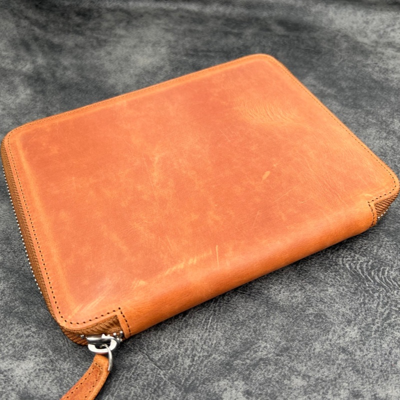 Galen Leather 10 Slots Zippered Pen Case with A5 Notebook Holder - Crazy Horse Tan