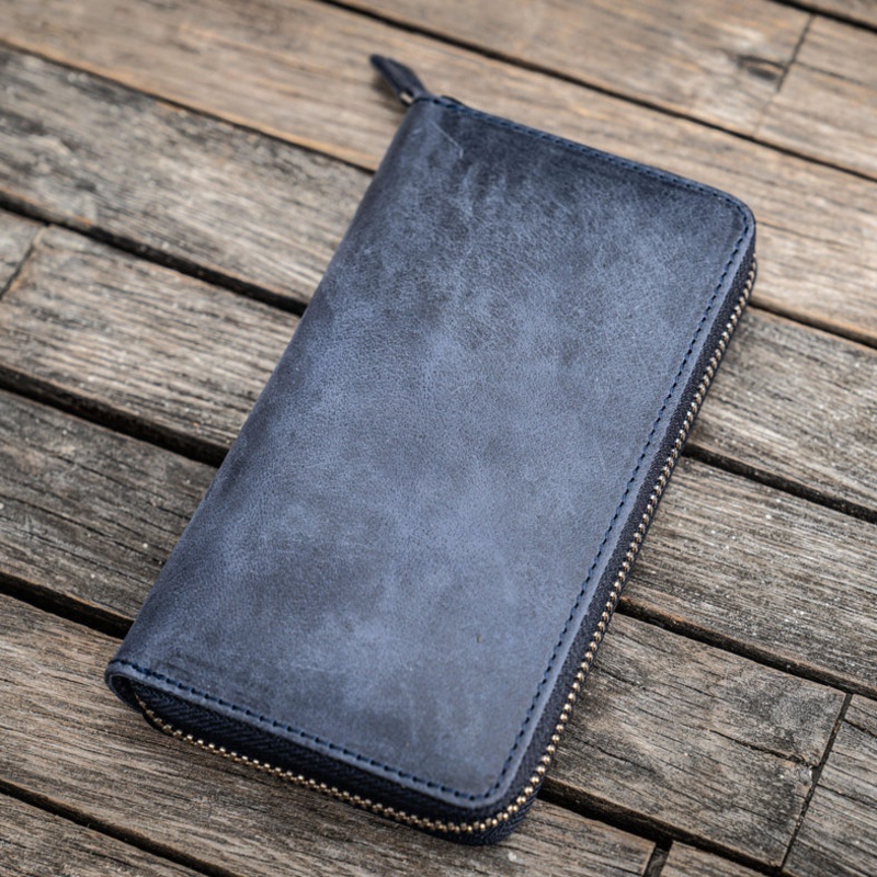 Galen Leather 3 Slot Zippered Pen Case - Crazy Horse Navy Blue