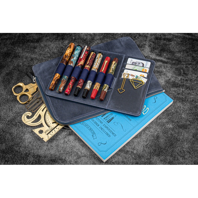 Galen Leather Writer's Bank Bag/Pen Pouch - Crazy Horse Navy (Zippered)