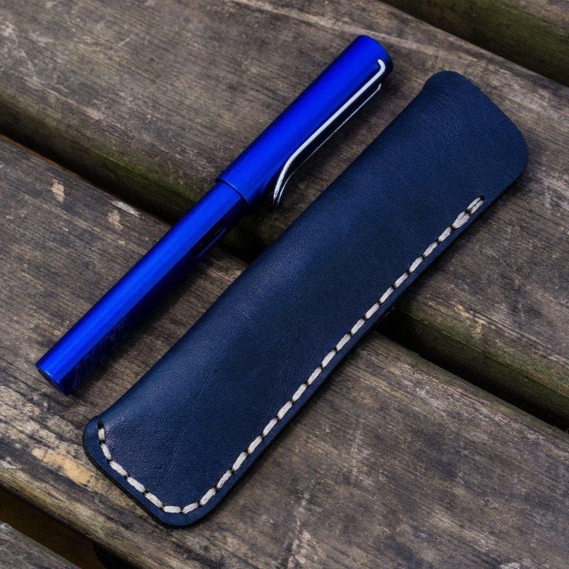 Galen Leather Single Fountain Pen Case/Pen Pouch - Navy Blue