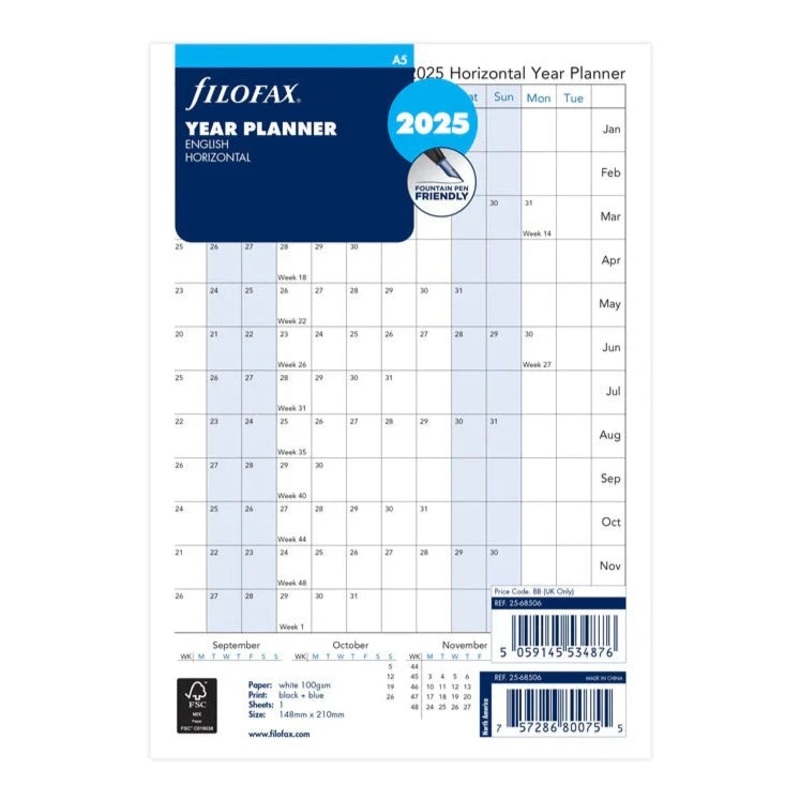 Filofax 2025 A5 Horizontal Year Planner - White