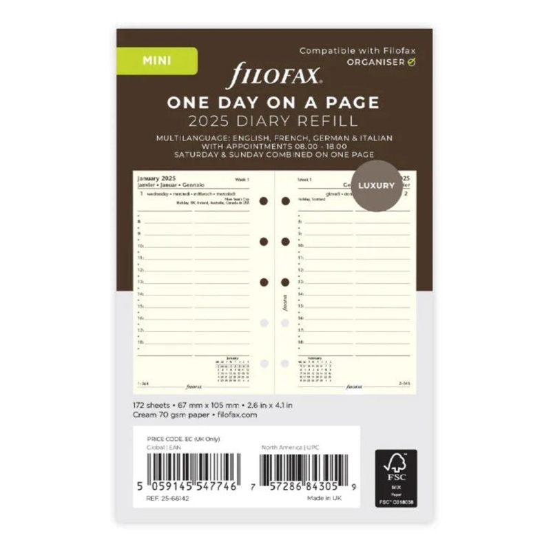 Filofax 2025 Mini One Day On A Page with Appointments Planner - Cotton Cream Multilanguage