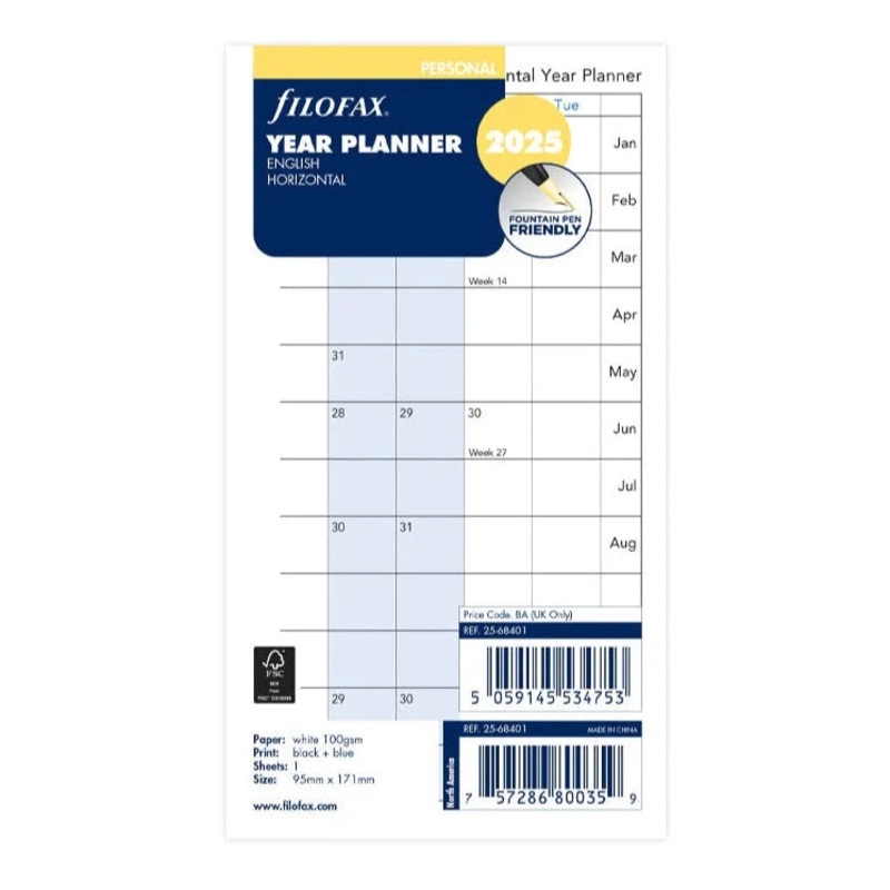 Filofax 2025 Personal Horizontal Year Planner