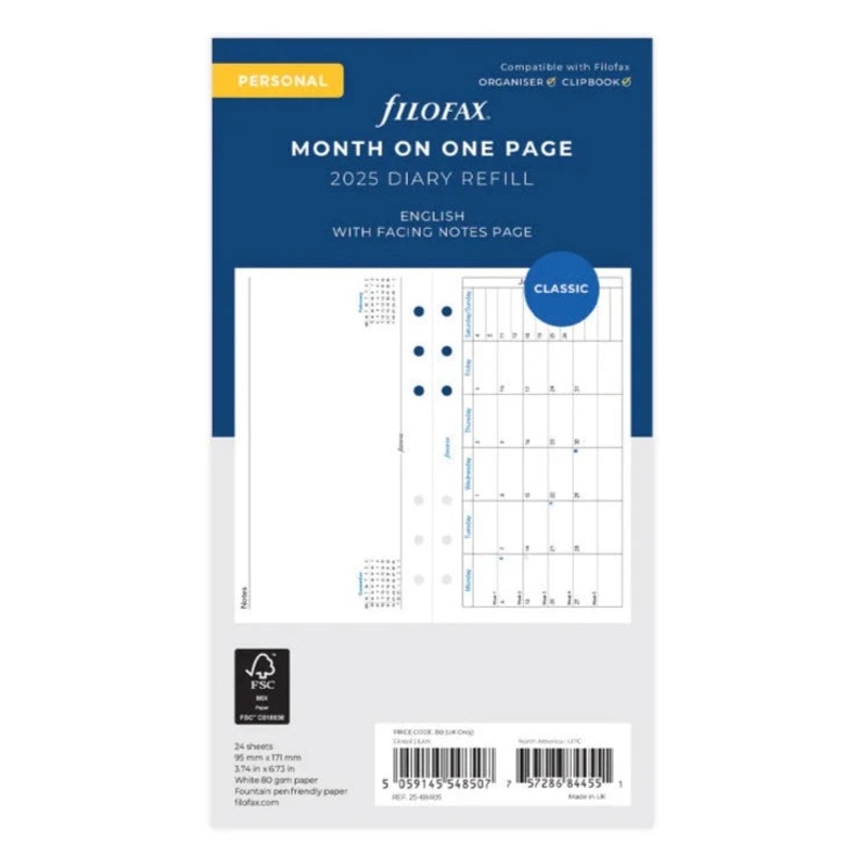 Filofax 2025 Personal Month on One Page with Notes Planner - Horizontal