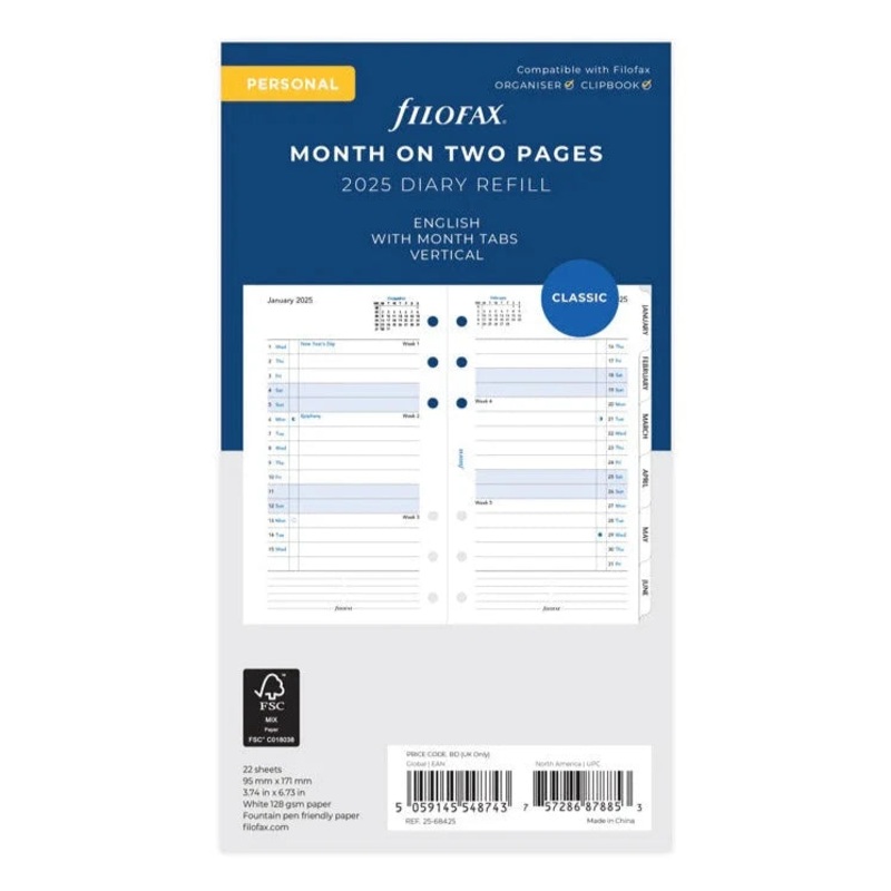 Filofax 2025 Personal Month On Two Pages with Tabs Planner