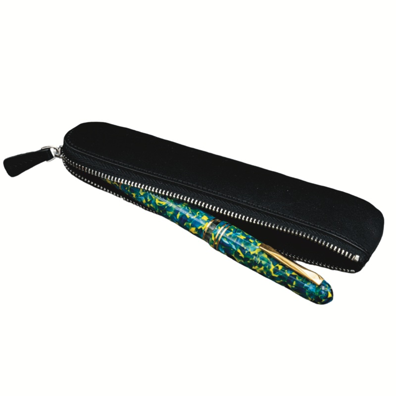 Galen Leather Single Zippered Fountain Pen Pouch - Black